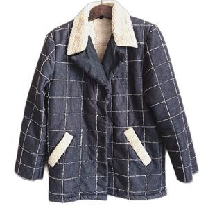 Private Bomber Jacket Mens Large Blue Chambray Cream Fleece Coat Quilted Granola